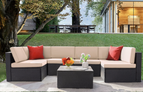 LACOO 7 Pieces Patio Conversation Set Outdoor Sectional Sofa Set PE Rattan, Beige